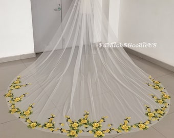 Radiant Floral Wedding Veil Special Yellow Flower Wedding Veil Romantic Yellow Flowers Veil for Bride, Flowery Bridal Veil, Unique Veil