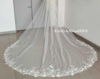 Lace Flowers Veil with 3D Flowers and Pearls, Cathedral Length Wedding Veil, Royal Length Custom Length Bridal Veil, Gorgeous Bridal Veil