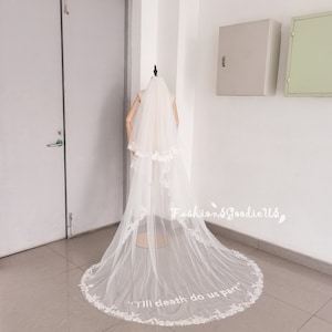 Personalized Veil Embroidery, Embroidered &#39;&#39;Till Death Do Us Part&#39;&#39; Veil, Ivory Flower Lace Wedding Veil, Sofa Lace Veil with Blusher