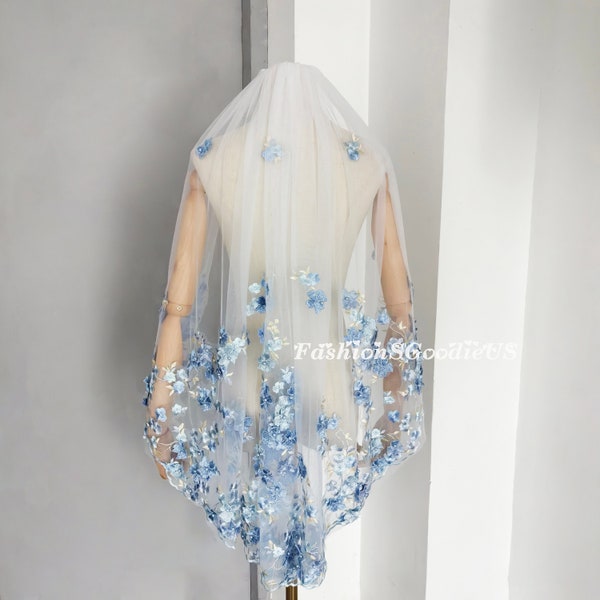 Soft Tulle Blue Flower Lace Wedding Veil, Blue Flowers with Pearls Wedding Veil, Fingertip Custom Length Bridal Veil, Dreamy Flower Veil