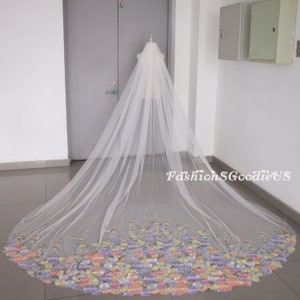 Secret Garden Flower Wedding Veil, Wildflower Wedding Veil, Colorful Flowers Bridal Veil, Vintage Flowery Veil, Custom Tulle Color Veil