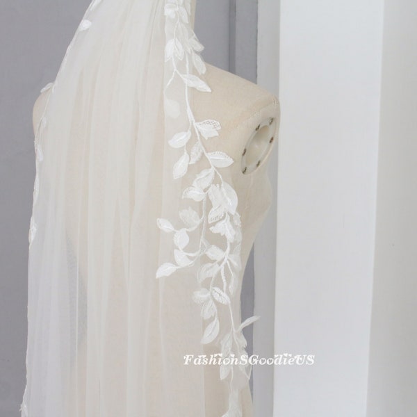 Bohemia Leaf Wedding Veil, Leaf Applique Wedding Veil, Simple Lace Bridal Veil,  Bridal Veil, Elegant Leaf Cathedral Veil, Custom Length