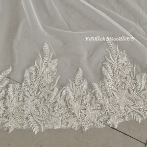 Light Gold Sparkling Starfish Wedding Veil, Luxury Ocean Theme Bridal Veil, Beading Lace Wedding Veil, One Layer Veil, Hair Accessory