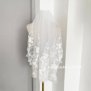 3D Flowers Wedding Veil with pearls, Custom Fingertip Length Veil for Bride, Flowery Custom Length Bridal Veil, Custom Tulle Color Veil
