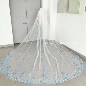 Dreamy Blue Flowery Wedding Veil, Light Blue Flowers with Pearls Wedding Veil, Cathedral Length Fairy Bridal Veil, Custom Tulle Color Veil