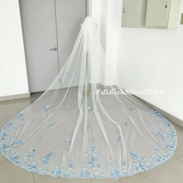 Dreamy Blue Flowery Wedding Veil, Light Blue Flowers with Pearls Wedding Veil, Cathedral Length Fairy Bridal Veil, Custom Tulle Color Veil