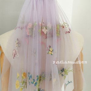 Pale Purple Tulle Embroidered Flower Veil for Bride, Colorful Floral Wedding Veil, Secret Garden Wedding Veil, Unique Ivory Flowery Veil