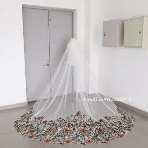 Orange Floral with Green Leaf Secret Garden Wedding Veil, Botanical Leaf Vine Wedding Veil, Wildflower Bridal Veil, Custom Floral Lace Veil