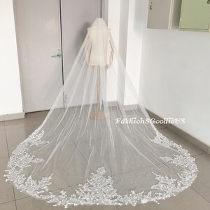 Beading Lace Wedding Veil with Scattered Pearls, Glittery Tulle Wedding Veil, One Layer Bridal Veil, Cathedral Length Wedding Veil