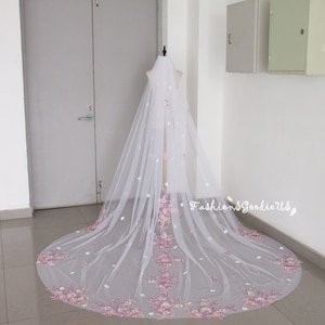 Pink Purple Floral Veil, Purple Flower Veil with Pearls and 3D Flowers, Floral Wedding Veil with Comb, One Layer Bridal Veil, Custom Veil