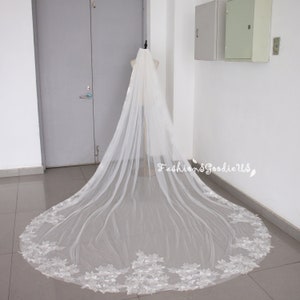 Soft Lace Wedding Veil, Romantic Floral Veil, Vintage Flower Bridal Veil, Hem Lace Veil, Custom Length Wedding Veil, Bridal Veil