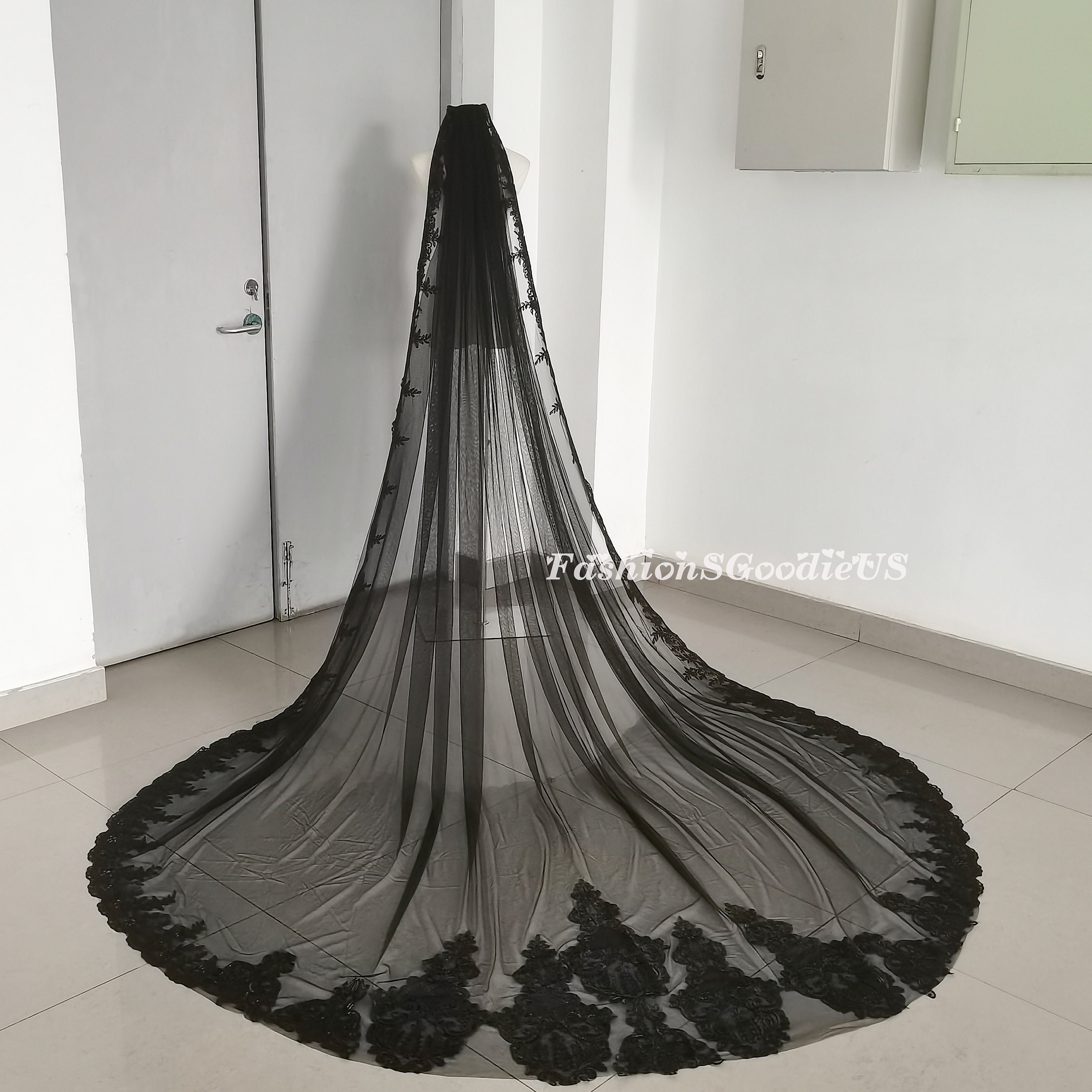 Elegant Black Bridal Veil, Black Wedding Veil With Black Lace, Black