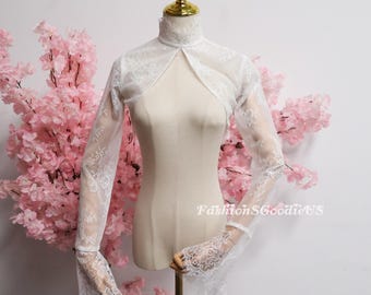 Long Sleeves Lace Boleros, New Design Flower Lace Wedding Dress Cover Up, Custom Size Bridal Cover-Up
