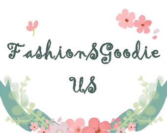 May include: A logo with the text "FashionsGoodie US" in a whimsical, dark green script. The text is surrounded by a teal ribbon and a floral wreath of pink and white flowers and green leaves, set against a white background.