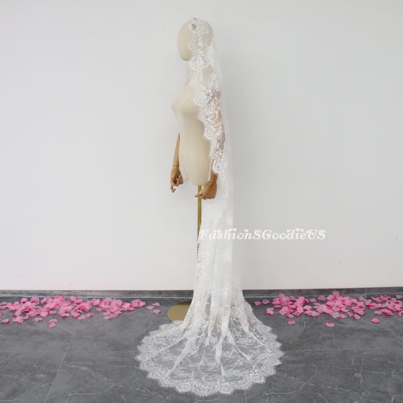 Gothic Black Lace Wedding Veil, Full Lace Mantilla Veil, Soft Lace Mantilla Wedding Veil, Vintage Full Lace Bridal Veil, Lace Edge Veil image 6