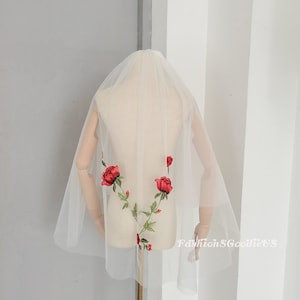 Romantic Rose Wedding Veil, Embroidered Rose Applique Veil, Elegant Flower Bridal Veil with Blusher, New Design Flower Wedding Veil