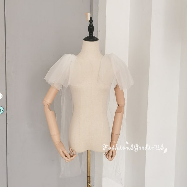 Custom Color Tulle Sleeves, Detachable High Low Shoulder Veil, Removable Shoulder Veil for Wedding Dress, Detachable Wedding Sleeves