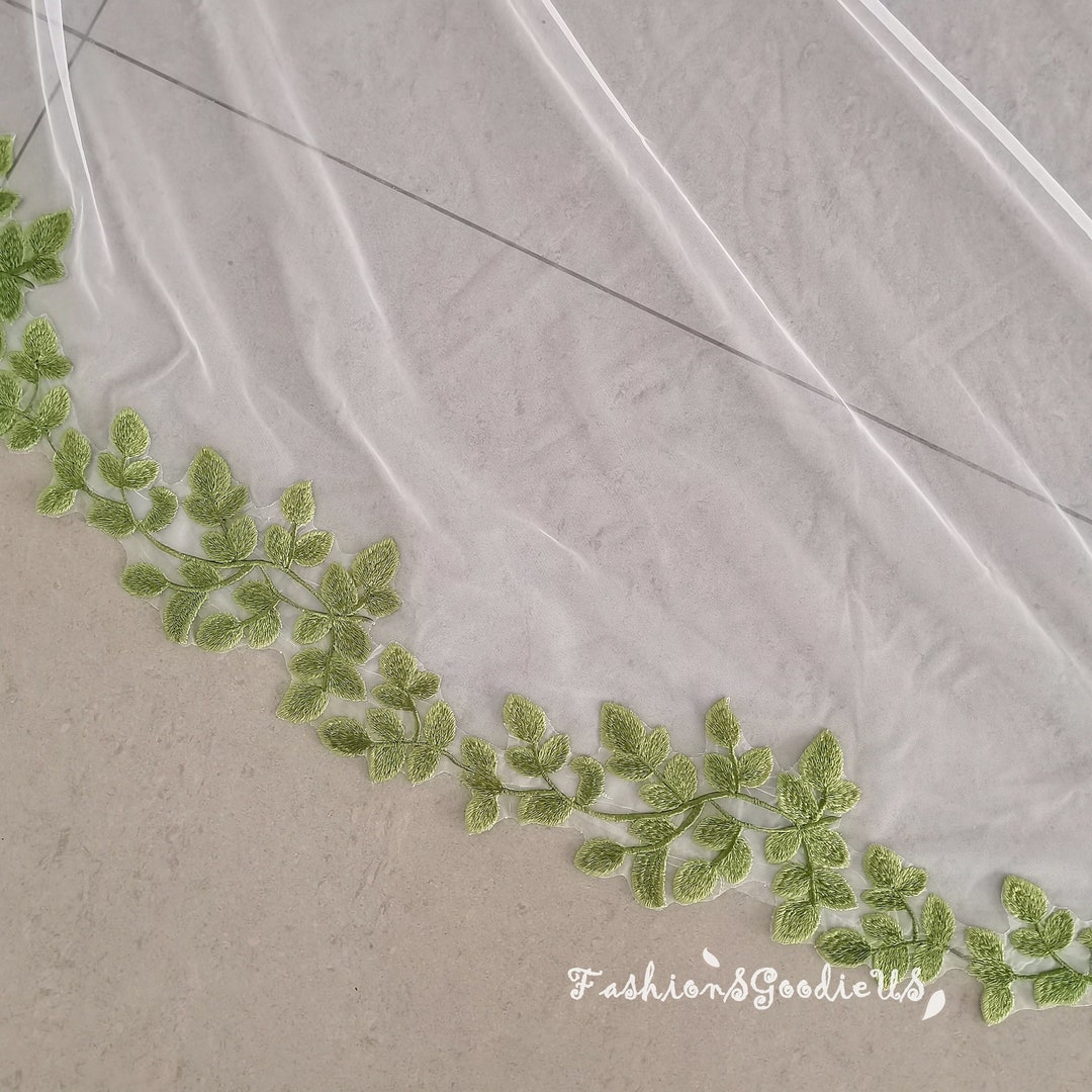 Embroidered Leaf Wedding Veil, Green Leaf Wedding Veil, Bohemia Bridal