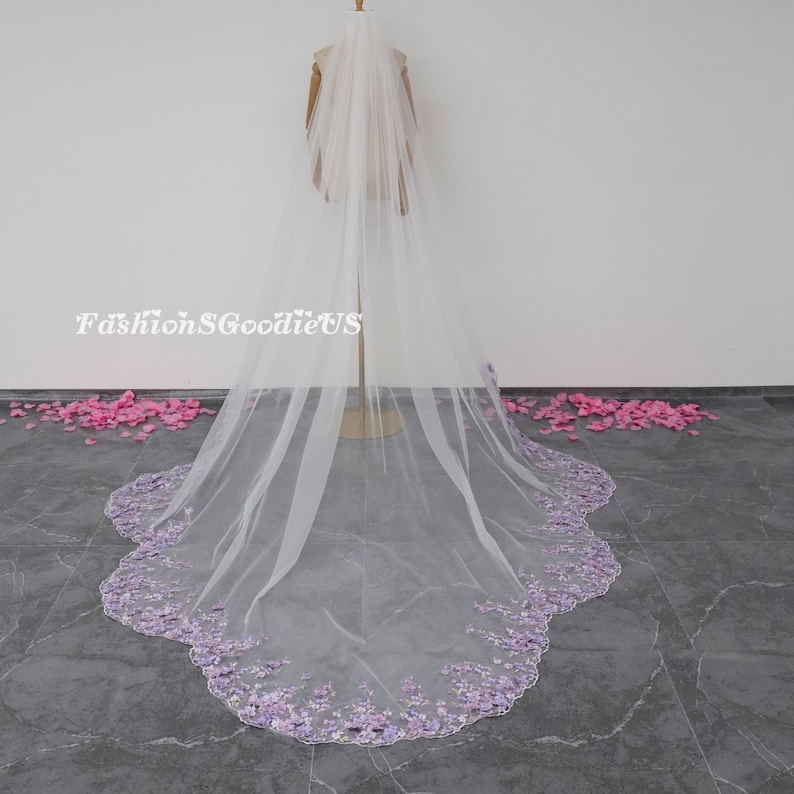 Purple bridal veils - Lavender Purple Flower Scalloped Bridal Veil, Purple Flower with Pearls Wedding Veil