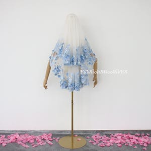 Two Layers Blue Flower Lace Wedding Veil, Blue Floral with Pearls Wedding Veil, Fingertip Custom Length Bridal Veil, Dreamy Flower Veil