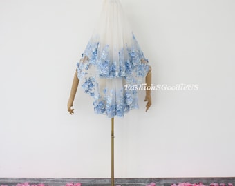 Two Layers Blue Flower Lace Wedding Veil, Blue Floral with Pearls Wedding Veil, Fingertip Custom Length Bridal Veil, Dreamy Flower Veil