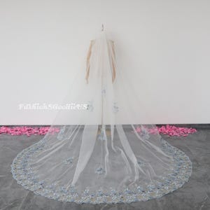 New Design Blue Flower Lace Wedding Veil, Blue Flowers with Pearls Wedding Veil, Cathedral Custom Length Bridal Veil, Elegant Flower Veil