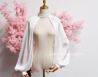 Dreamy Puff Sleeves Wedding Boleros, Light Ivory Chiffon Bridal Jacket Cover Up with Long Sleeves