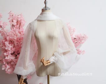 Fairy Puff Sleeves Wedding Boleros, Light Ivory Tulle Bridal Jacket Cover Up with Long Sleeves