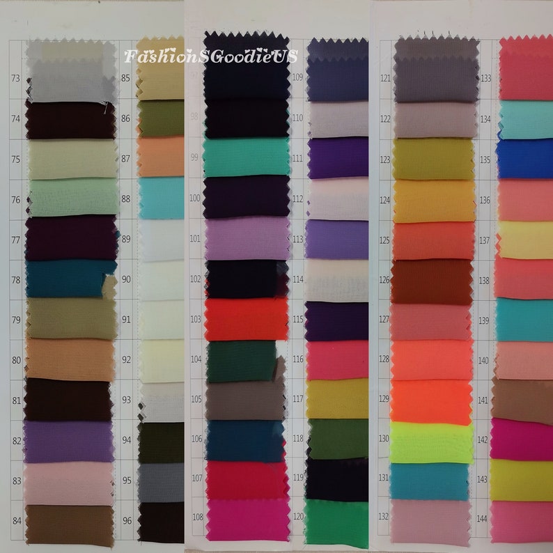 May include: A color chart with 144 fabric swatches. The swatches are arranged in rows and columns, and each swatch is numbered. The swatches are a variety of colors, including red, blue, green, yellow, orange, purple, pink, brown, black, and white.