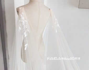 Leaf Lace V-Back Cape Veil, Bohemia Leaf Lace Shoulder Veil, Fairy V-Back Cape Veil, Custom Tulle Color Shoulder Cape Veil, Leaf Bridal Veil
