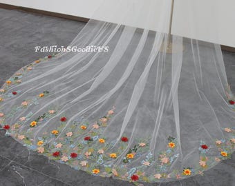 New! Secret Garden Wildflower Bridal Veil with Colorful 3D Flowers, Spring Flower Vine Wedding Veil, Vintage Flowery Veil with Metal Comb