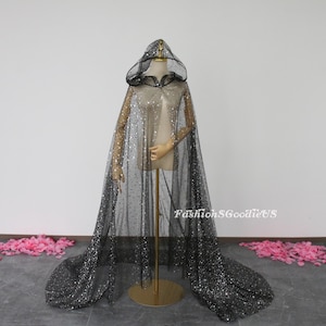 Shinny Silver Stars Cape, Gold/Silver Starry Black Hooded Cape, Halloween Cosplay Cloak, Soft Black Tulle Cape, Wedding Cape with Hood