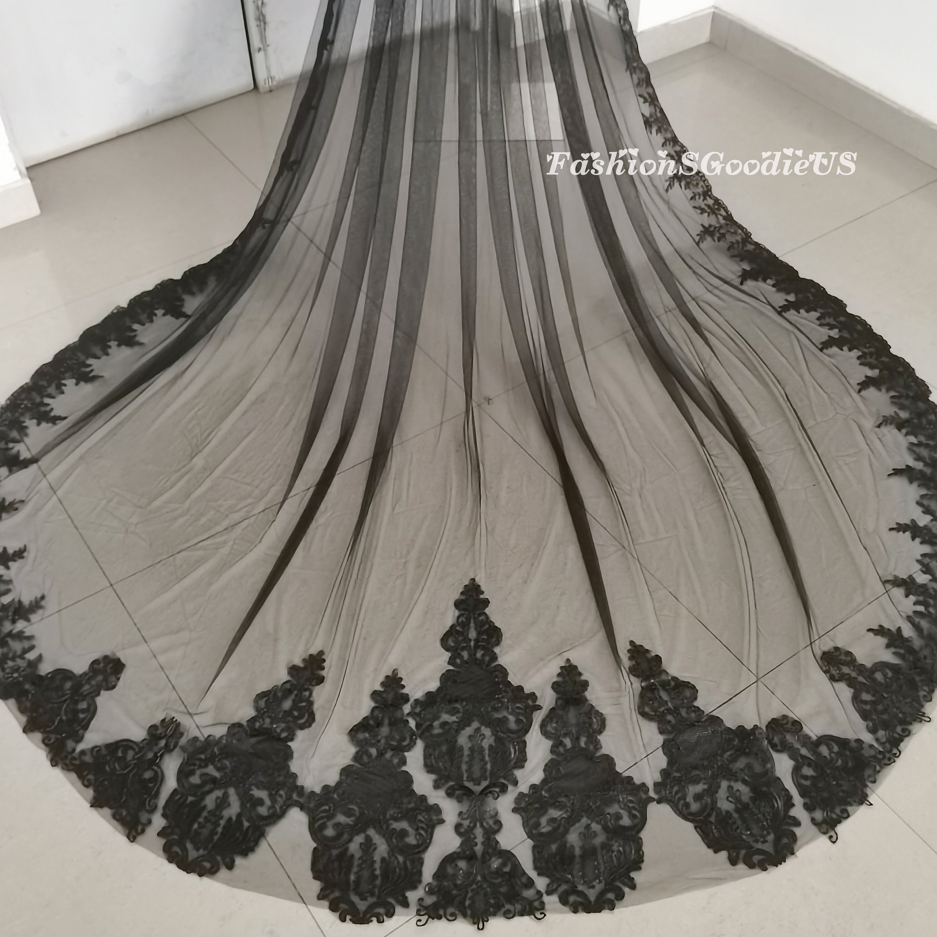 Elegant Black Bridal Veil, Black Wedding Veil With Black Lace, Black