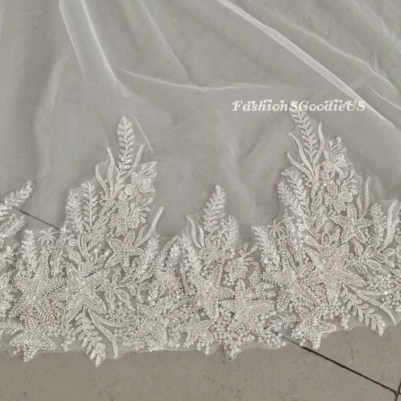 Light Gold Sparkling Starfish Wedding Veil, Luxury Ocean Theme Bridal Veil, Beading Lace Wedding Veil, One Layer Veil, Hair Accessory
