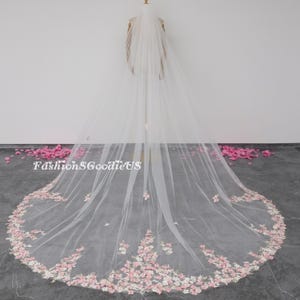 Light Pink Flowers Wedding Veil, Flower Lace with Pearls Bridal Veil, Dreamy Garden Flower Veil, Cathedral Length One Layer Bridal Veil