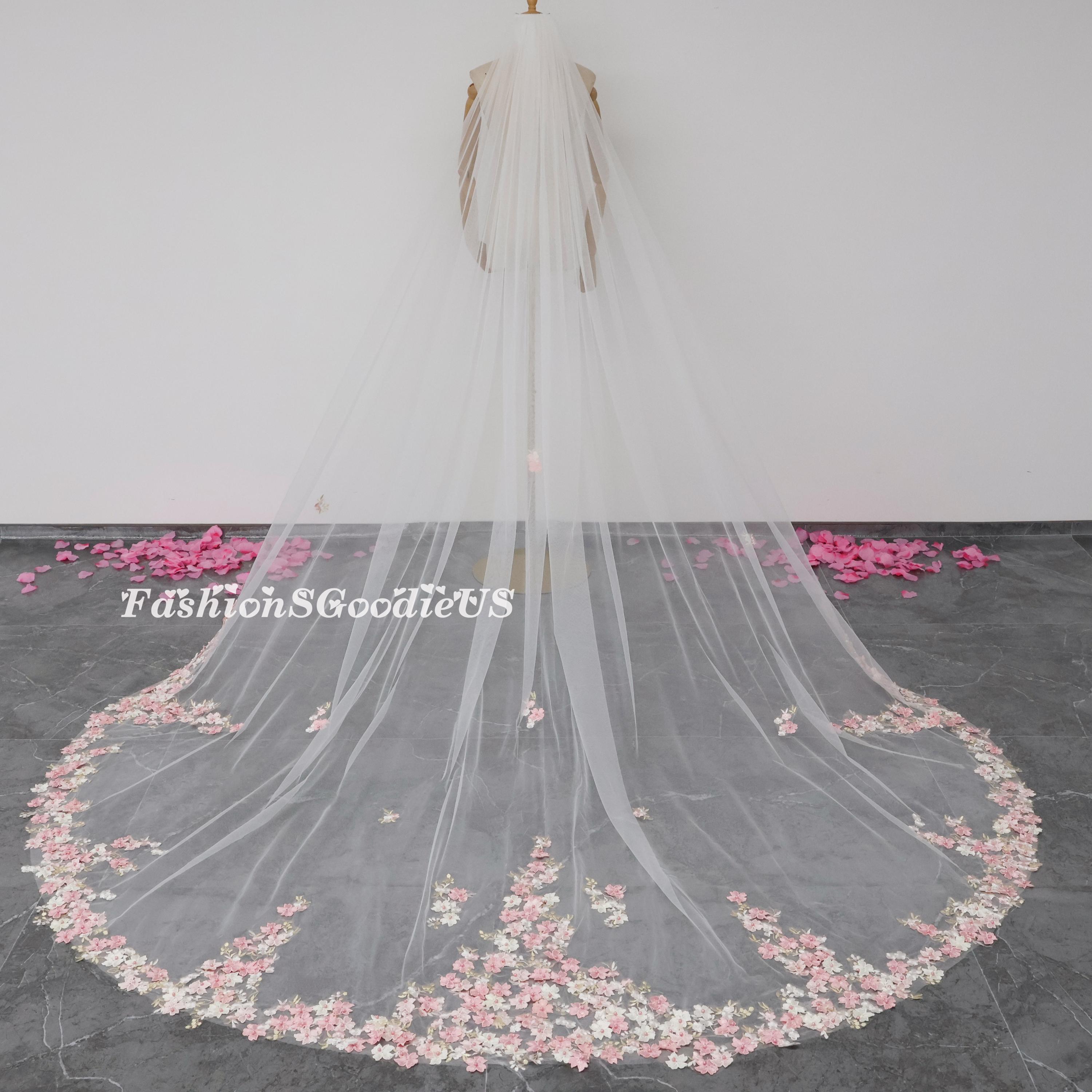 Light Pink Flowers Wedding Veil, Flower Lace with Pearls Bridal Veil, Dreamy Garden Flower Veil, Cathedral Length One Layer Bridal Veil