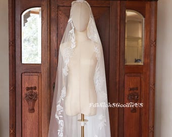 Sunflower Lace Mantilla Style Wedding Veil, Fingertip to Cathedral Bridal Veil