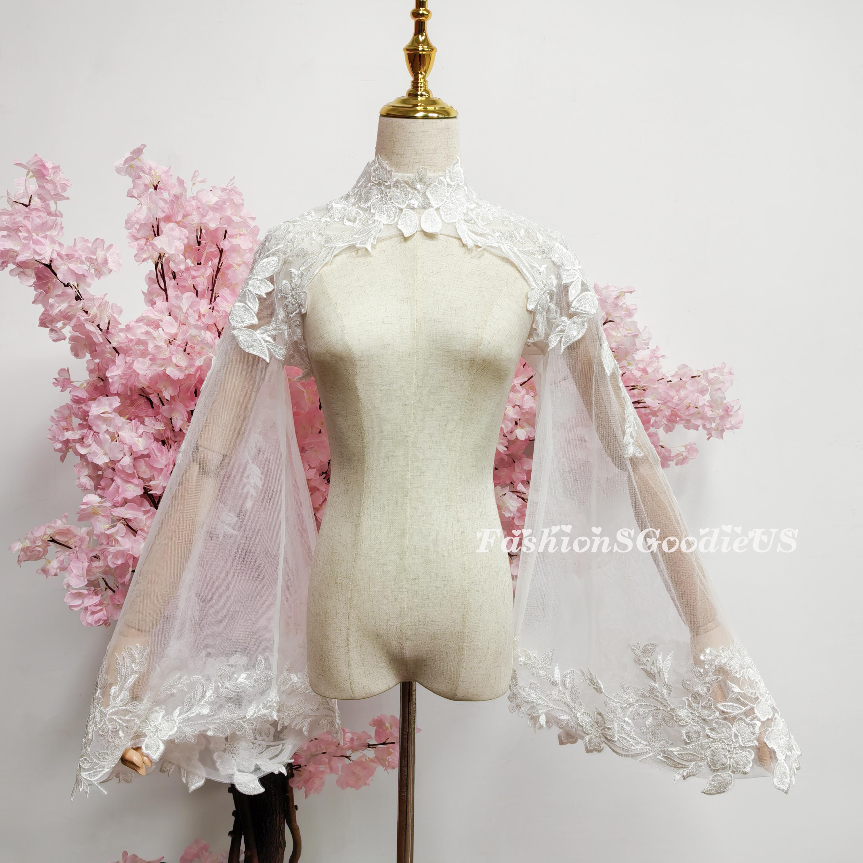 Sparkle Flower Lace Wedding Dress Bolero, High Collar Long Sleeves