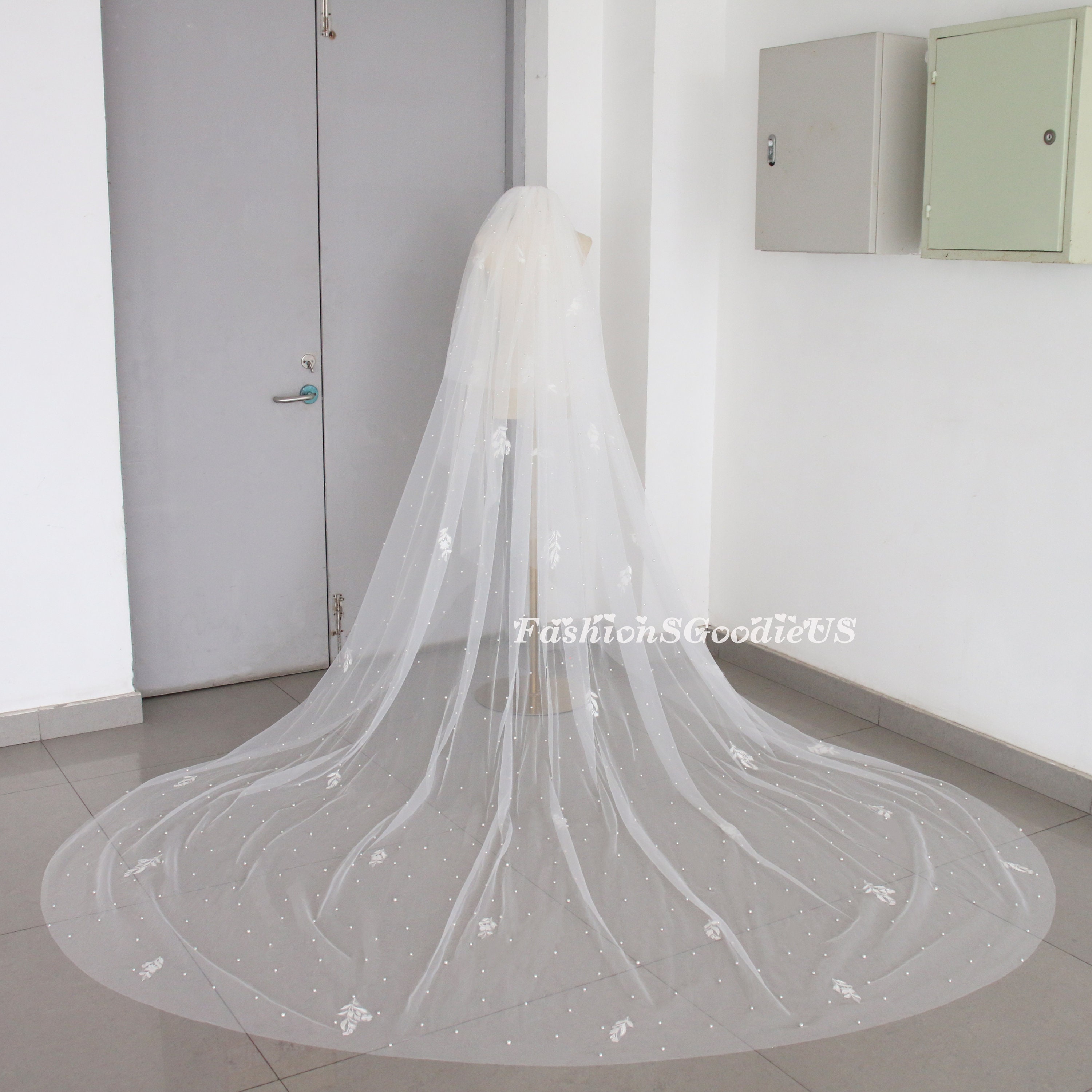 Pearl Wedding Veil - 1 Layer Long Bridal Veil With Comb, Mantilla Style, Tulle With Crystals & Pearls (110-118")