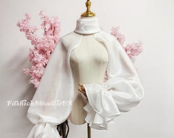 Dreamy Puff Sleeves Wedding Boleros, Shinny Organza Bridal Jacket Cover Up with Long Sleeves, Custom High Collar Boleros