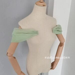 May include: A pair of light green tulle off-the-shoulder sleeves. The sleeves are gathered at the shoulders and have a soft, flowing drape.