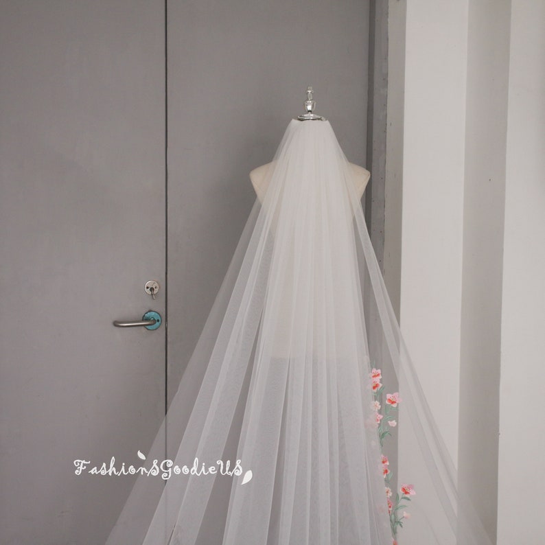 Embroidered Peach Blossom Wedding Veil, Boho Flowers Wedding Veil