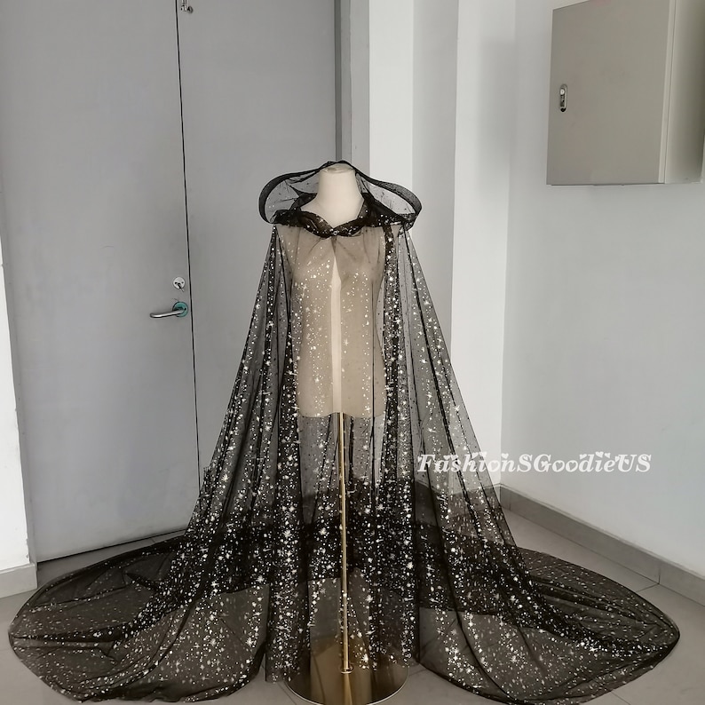 GALATELLA BLACK WOOL CREPE CAPE WITH CRYSTAL BELT