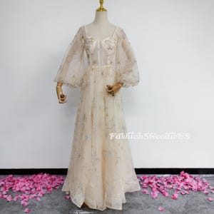 Sternen-Pegasus-Abschlussballkleid, leichter Champagner-Abschlussballkleid mit Puffärmeln, herzförmiger Ausschnitt, verträumtes Abschlussballkleid, Abend-Partykleid