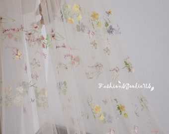 Dreamy Flower Veil for Bride, Embroidered Colorful Flowers Wedding Veil, Champagne Tulle Wedding Veil, Floral Bridal Veil,Unique Veil