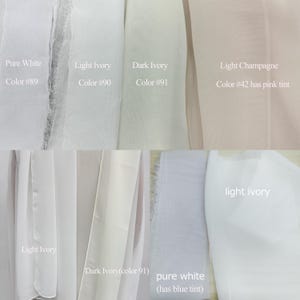 May include: Swatch of fabric in five different colors: pure white, light ivory, dark ivory, light champagne with a pink tint, and light ivory. The colors are labeled with their corresponding numbers.