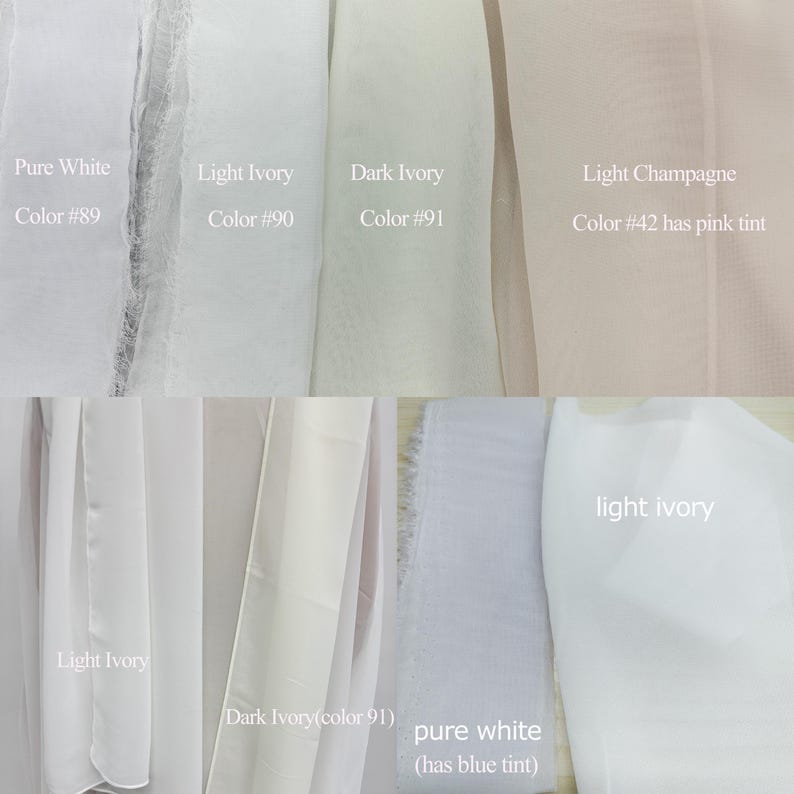 May include: Swatch of fabric in five different colors: pure white, light ivory, dark ivory, light champagne with a pink tint, and light ivory. The colors are labeled with their corresponding numbers.
