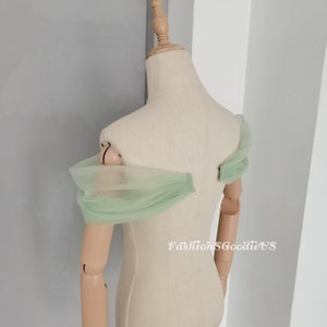 May include: A pair of light green tulle off-the-shoulder sleeves. The sleeves are gathered at the shoulders and have a soft, flowing drape.