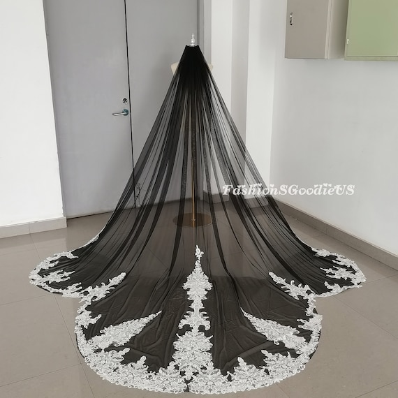 Black Homemade Lace Beaded Wedding Veil Black Lace Bridal Veil with Beaded Fringe Headpiece main image 2