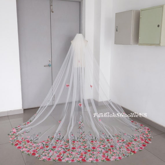 Embroidered Veil - Pink Rose on White Tulle - 118inches Embroidered Floral Wedding Veil, 3D Pink Rose Botanical  main image 3